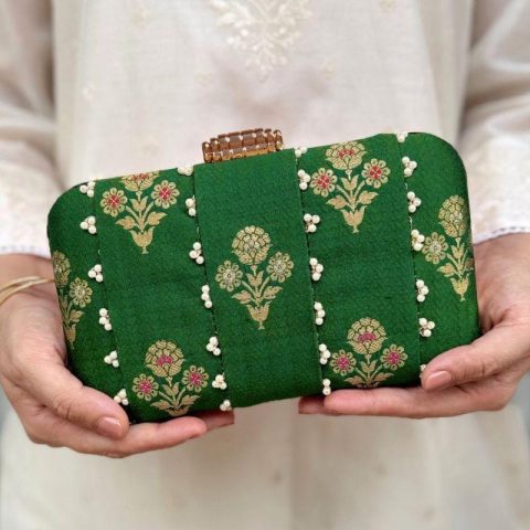 Emerald Green Pearl Embellished Box Clutch