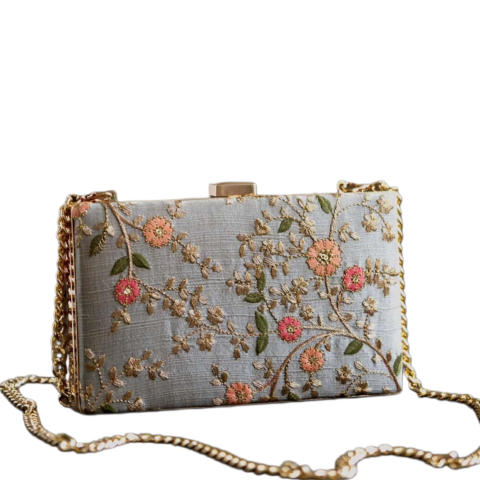Silver Gray Wildflower Embroidered Clutch