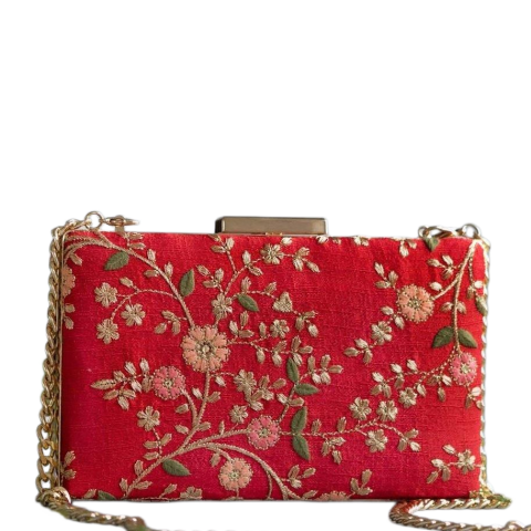Red Floral Embroidered Silk Clutch