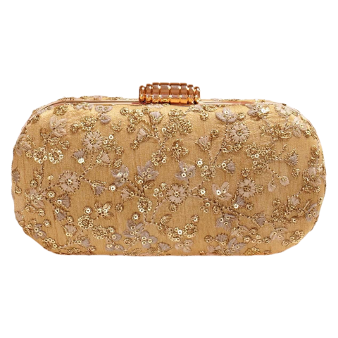 Champagne Gold Floral Beaded Box Clutch