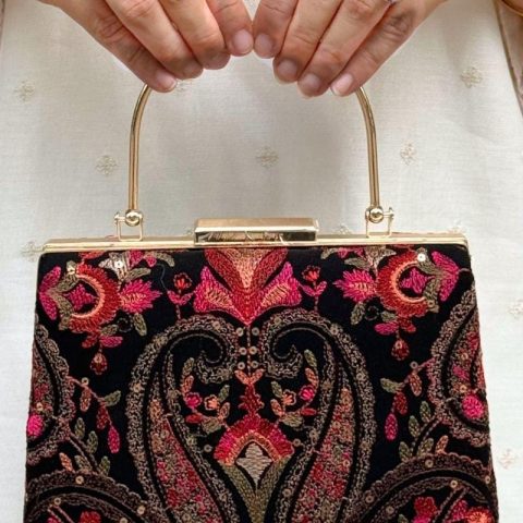 Black Fuchsia Paisley Embroidered Handbag