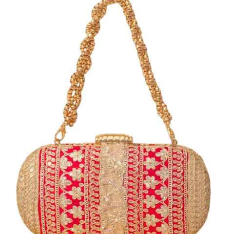 Red and Gold Floral Embroidered Box Clutch