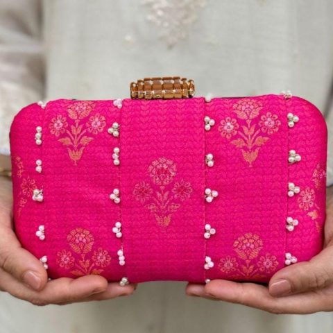 Hot Pink Pearl Embellished Box Clutch
