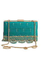 Turquoise Gold Scalloped Embroidered Clutch