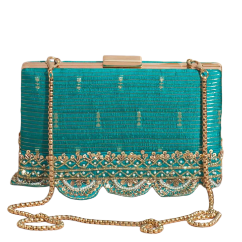 Turquoise Gold Scalloped Embroidered Clutch