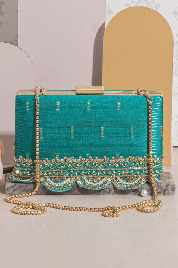 Turquoise Gold Scalloped Embroidered Clutch