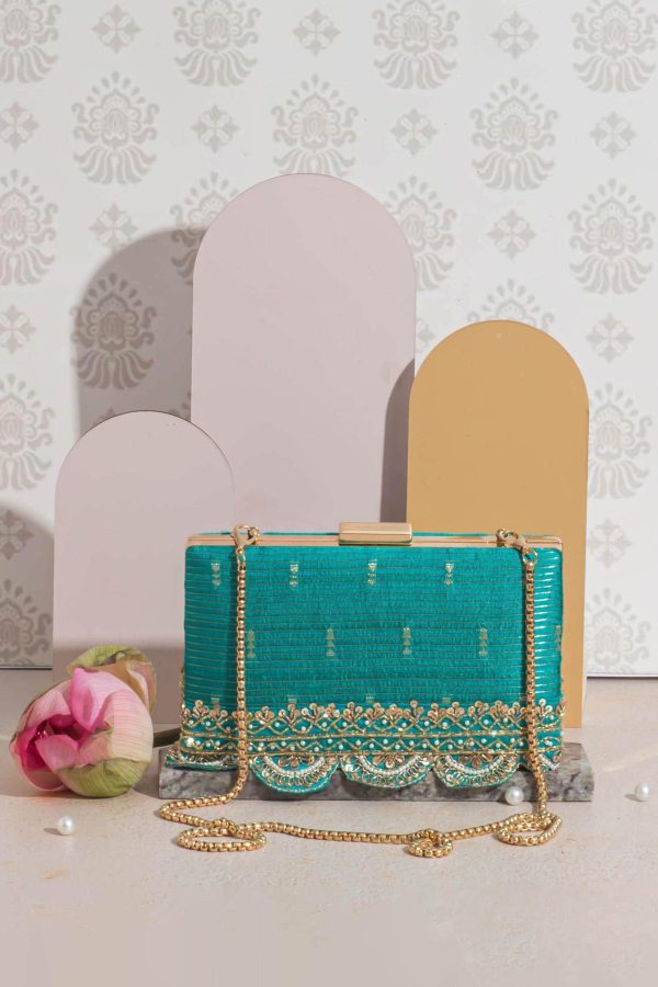 Turquoise Gold Scalloped Embroidered Clutch