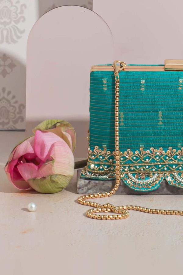 Turquoise Gold Scalloped Embroidered Clutch