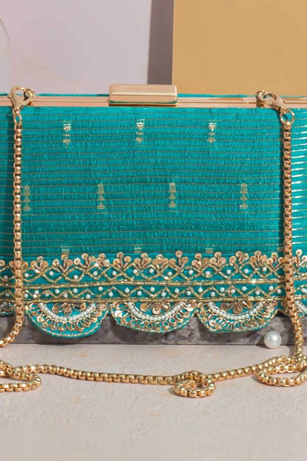 Turquoise Gold Scalloped Embroidered Clutch