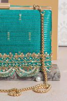 Turquoise Gold Scalloped Embroidered Clutch
