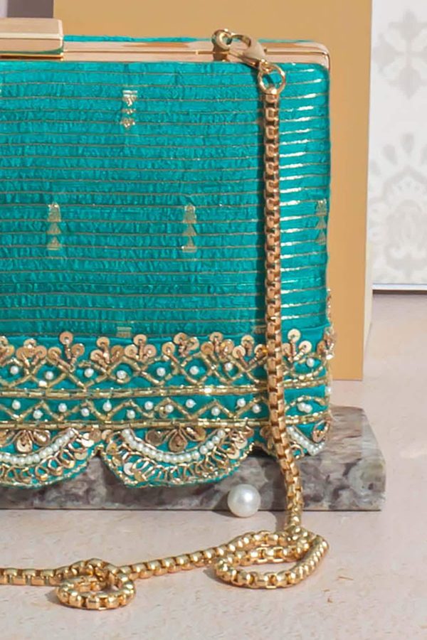 Turquoise Gold Scalloped Embroidered Clutch
