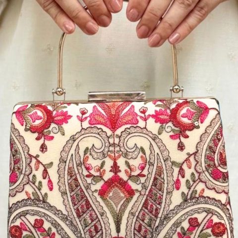 Ivory Pink Paisley Embroidered Handbag,